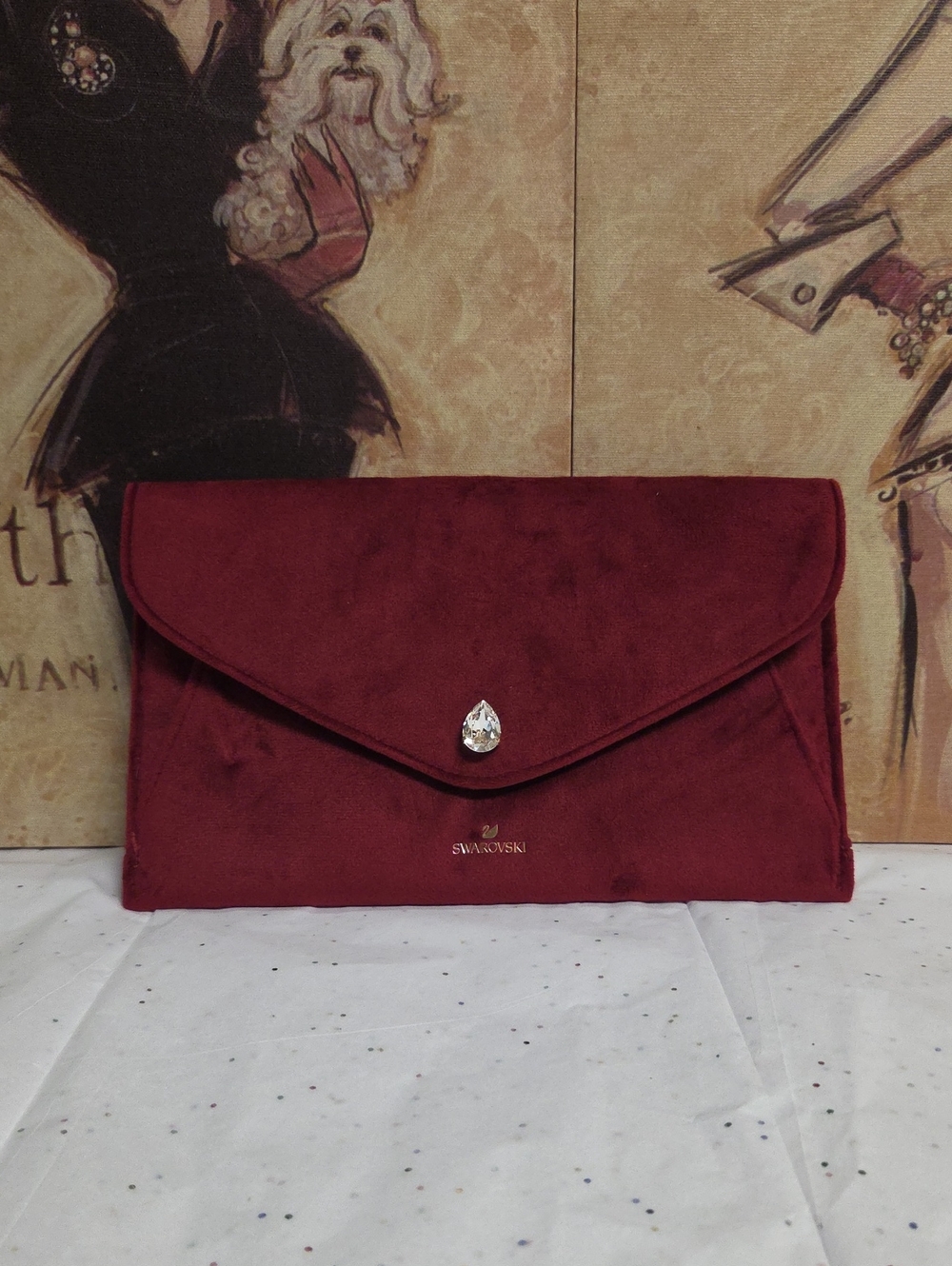 Swarovski Wine Red Suede Envelope Clutch with Teardrop Crystal